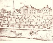 Historic drawing of Courthouse showing Bellevue Terrace at extreme left (behind tree) – c. 1890; Mika & Mika, 1977