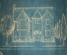 A 1937 architectural sketch of the front elevation of the Dr. Roy J. Coyle House.; City of Windsor, Planning Department, nd