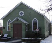 The chapel was moved by log rollers to its present Peer Street location in 1890.; City of Niagara Falls