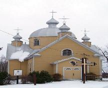 Primary elevation, from the west, of St. John the Baptist Ukrainian Catholic Church, Menzie area, 2005; Historic Resources Branch, Manitoba Culture, Heritage, Tourism and Sport, 2005