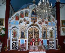 Interior view, of the iconostas, of St. John the Baptist Ukrainian Catholic Church, Menzie area, 2005; Historic Resources Branch, Manitoba Culture, Heritage, Tourism and Sport, 2005