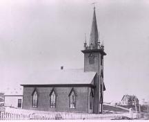 Side elevation  of St. John's Evangelical Lutheran Church, Mahone Bay, NS, circa 1890.; Courtesy of Settlers Museum, Mahone Bay, NS.