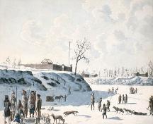 Watercolour showing a fort at the confluence of the Red and Assiniboine Rivers, the possible location of Fort Rouge, 1821.; Library and Archives Canada / Bibliothèque et Archives Canada, C-001932, 1821.