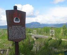 Hagwilget Bridge with sign in foreground; Kitimat-Stikine Regional District, 2010