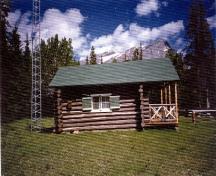 Side elevation of the Isaac Creek Warden Cabin, showing the horizontally laid, peeled log walls with saddle notching at the corners, 1996.; Parks Canada Agency / Agence Parcs Canada, 1996.