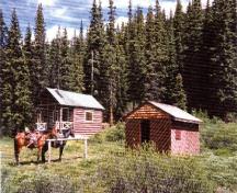 Vue du Chalet des gardes du parc de Medicine Tent jouxtant le hangar à bois et la sellerie, 1996.; Parks Canada Agency / Agence Parcs Canada, 1996.