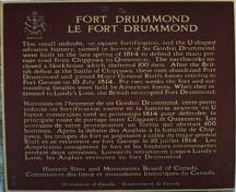 View of the Historic Sites and Monuments Board of Canada plaque commemorating Fort Drummond National Historic Site of Canada, 1989.; Parks Canada Agency/Agence parcs Canada, 1989.