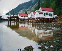 General view of the North Pacific Cannery, showing the wooden pilings that support the buildings over the water, 2002.; Parks Canada Agency / Agence Parcs Canada, 2002.