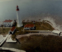 General view of the Light Tower, showing its precision, scale, and streamlined form, 1987.; Canadian Coast Guard / Garde côtière canadienne, 1987.