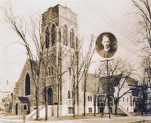 This postcard view of St. George's Church was taken shortly after it was completed in 1935.  The inset is of J. J. Alexander, the Rector at the time of construction.; Moncton Museum