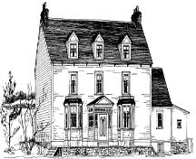 Drawing by Jean M. Ball of historic William Alexander House, also known as Bridge House, showing front view and side profile, 1978.; Newfoundland Historic Trust, 1978