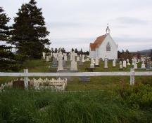 View of the Mortuary Chapel Cemetery with a right side view of the chapel in the background, Bonavista, NL, 2006/06/14.; L Maynard/HFNL 2006