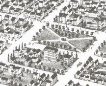 Showing drawing of Square and surrounding streetscape; Panoramic View of Charlottetown - 1878