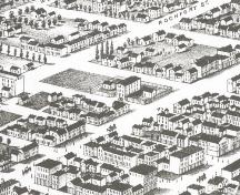 Showing jail and fenced yard on Pownal Square; Panoramic View of Charlottetown, 1878