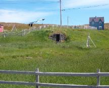 Exterior front view of George Pearce Root Cellar and environs, Maberly, Elliston, NL, 2006/06/16; L Maynard, HFNL 2007