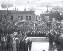 View of 77 Water Street, behind spectators attending the opening of the War Memorial, July 1, 1924.; Memorial University Geography Collection 2008