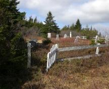 Photo of Salvation Army Cemetery, Arnold's Cove, NL, showing fence and gravemarkers, 2008; Courtesy of Iris Brett, 2008