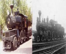 The replica of Engine 29 (left) and a historic image of the actual engine (right); McAdam Historical Restoration Commission