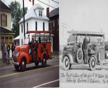 Current image of the first fire truck (right) and a historic image of the truck (left); McAdam Historical Restoration Commission