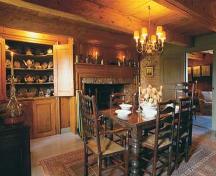 View of dining room, including fireplace, mantle, woodwork and ceiling beams, North Hills Museum, Granville Ferry, NS, 2004.; Annapolis Heritage Society, 2004.