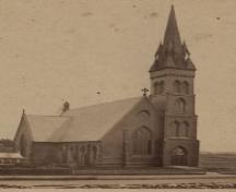 Holy Trinity Anglican Church ca. 1875. The wooden spire was removed around 1913.; Courtesy Yarmouth County Museum & Archives.