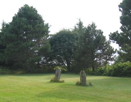 Overview of cemetery with two headstones