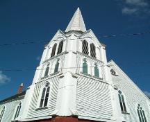 Emmanuel United Church, Granville Ferry, N.S., tower and spire with paired arched windows, 2009.; Heritage Division, NS Dept. of Tourism, Culture and Heritage, 2009