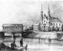 L'église, es deux presbytères et le pont couvert, construit en 1807, à Châteauguay. Aquarelle de James Duncan, peu avant 1850; Musée de l'Amerique française, Quebec