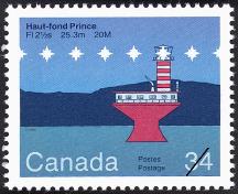Philatelic record showing Haut-Fond-Prince Lighttower issued 3 October 1985.; Library and Archives Canada, Canada Post | Bibliothèque et Archives Canada, Postes Canada