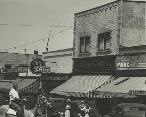 Historic exterior oblique view with original facade, c.1945